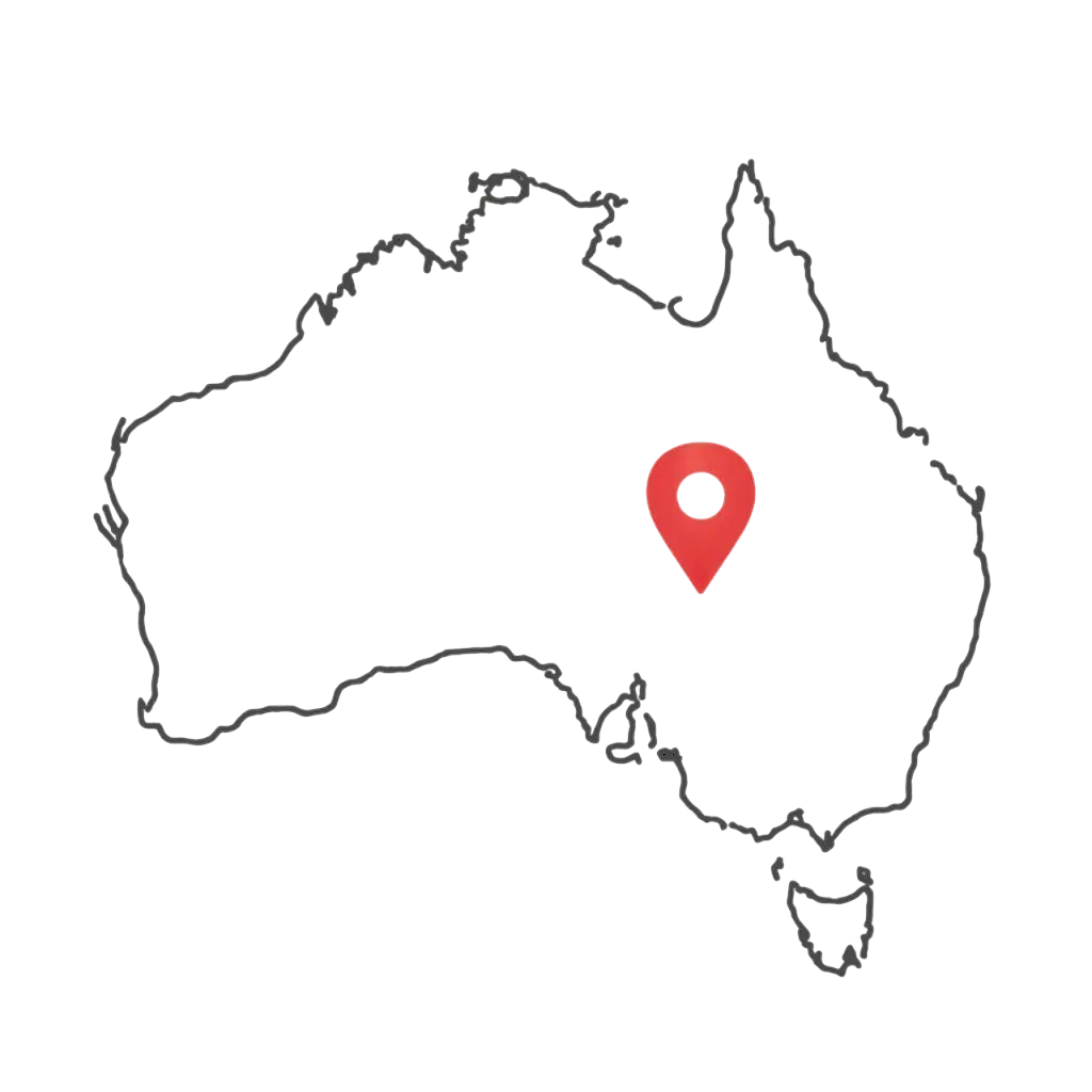 "Outline map of Australia with a red location pin near the southeastern region, set on a dark background in a minimalist, grey-line style."