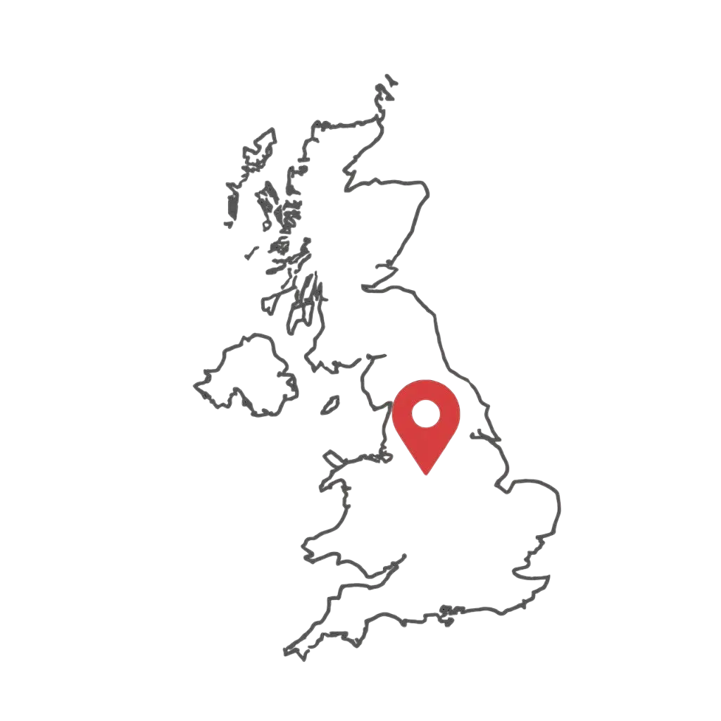 "Outline map of the United Kingdom with a red location pin near central England, displayed on a dark background in minimalist style."