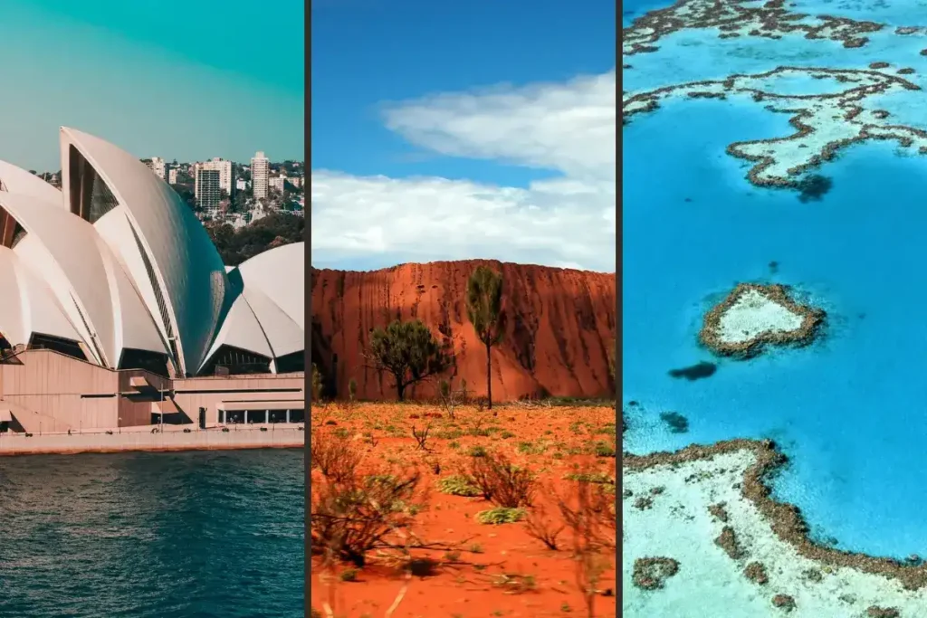 Collage of top Australia travel destinations in 2025 – Sydney Opera House, Uluru, and the Great Barrier Reef- Australia Trip planner