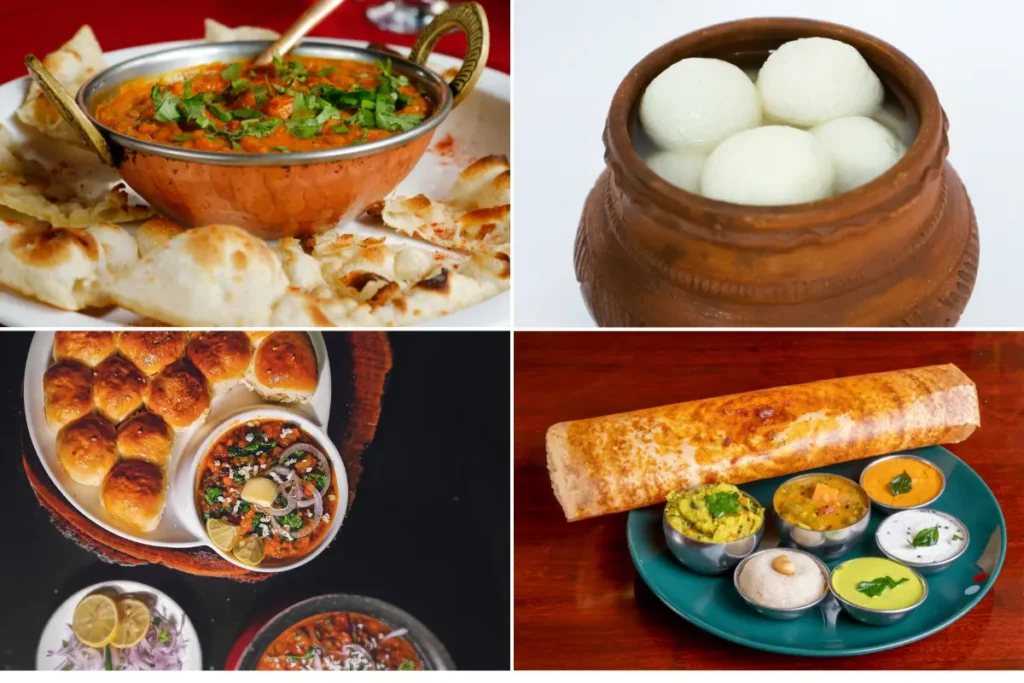 1.food collage Popular Indian dishes featured in the India Travel Guide 2025 – including dosa, pav bhaji, rasgulla, and naan with curry