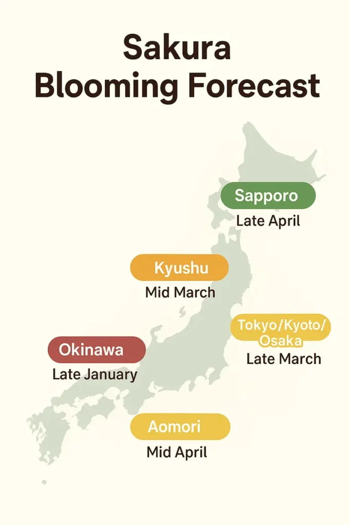 2. japan cherry blossom Map of Japan showing regional cherry blossom bloom forecasts. Okinawa marked as "Late January", Kyushu as "Mid March", Tokyo/Kyoto/Osaka as "Late March", Aomori as "Mid April", and Sapporo as "Late April", representing the progression of sakura season across the country.-Experience the magical cherry blossom season in Japan! Find bloom dates, top hanami spots, travel tips & maps for planning your perfect spring trip.