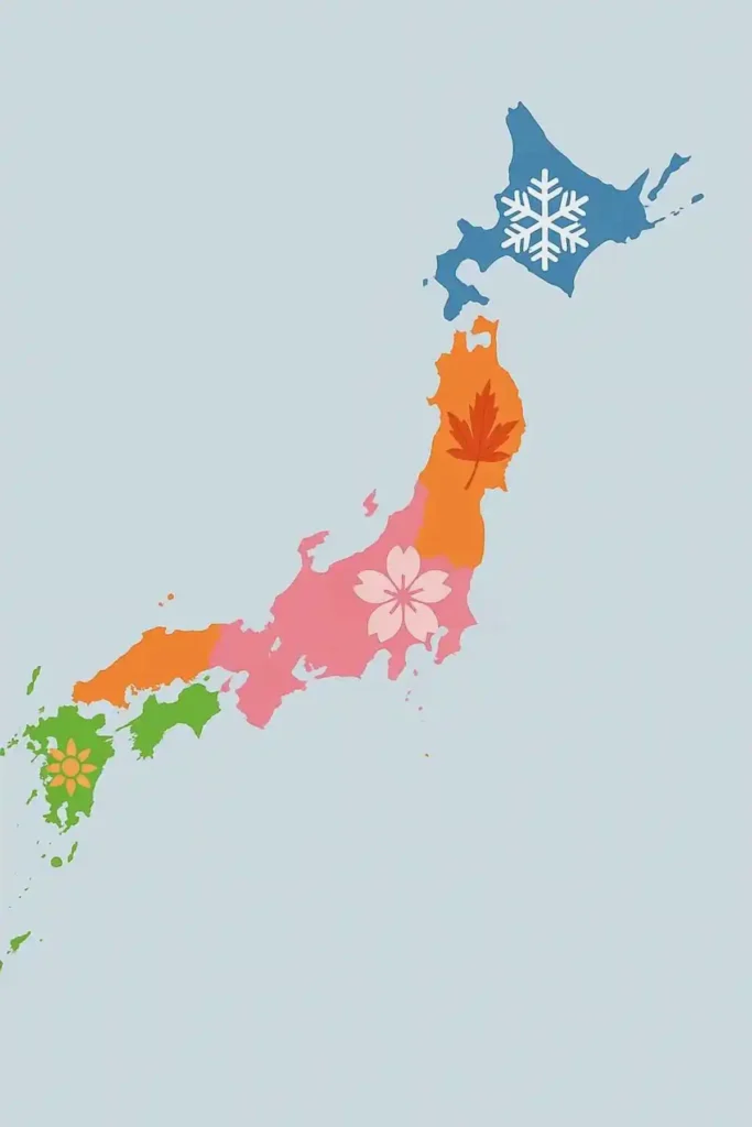 “Japan weather by region map with seasonal symbols—snowflake in Hokkaido, cherry blossom in Kansai, autumn leaf in Tohoku, and sun in Kyushu—showing Japan’s climate differences across spring, summer, autumn, and winter.”