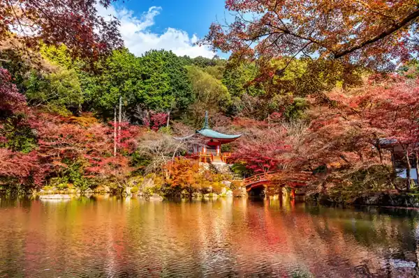 Japan Weather-“Autumn in Kyoto at Daigoji Temple – vibrant fall foliage reflecting on water during Japan’s autumn season”