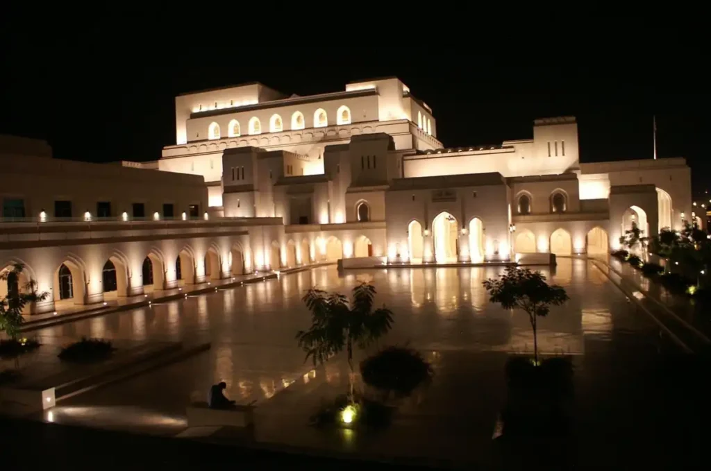 Royal Opera House Muscat illuminated at night, showcasing stunning Islamic architecture and cultural elegance — a must-see destination for Oman travel.