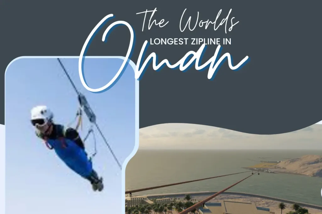 Adventurer soaring on the world’s longest zipline over the sea at Mussanah, Oman – a thrilling experience for ultimate Oman travel adventure seekers.
